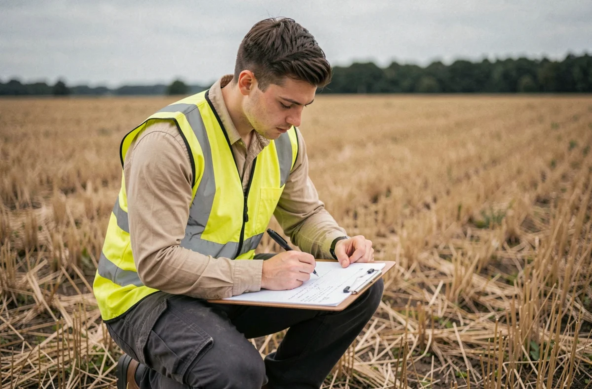 Géomètre débutant prenant des notes de conversion hectares en mètres carrés sur le terrain agricole
