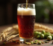 Gros plan d'une bière sombre versée dans un verre avec mousse