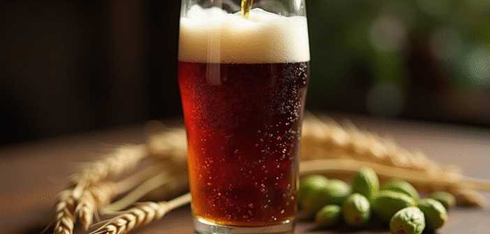 Gros plan d'une bière sombre versée dans un verre avec mousse