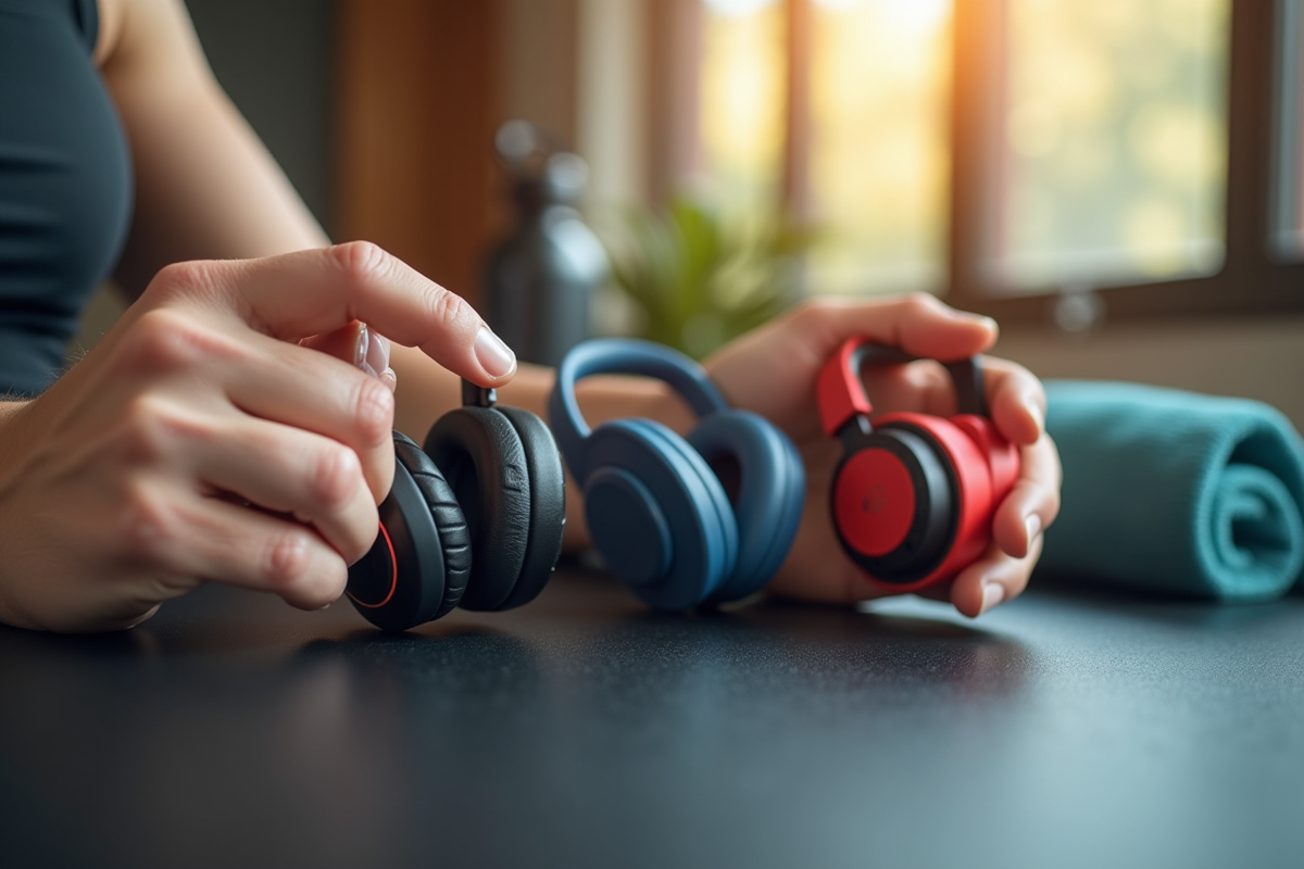 Mains tenant trois écouteurs sans fil pour sport en studio lumineux