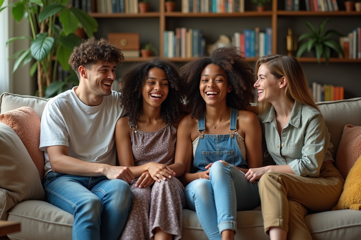 Groupe d amis divers en streetwear dans un salon chaleureux