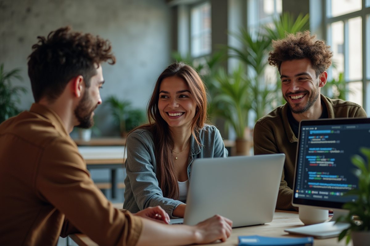 Groupe de jeunes adultes collaborant dans un espace de coworking lumineux