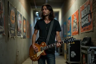 Guitariste aux longs cheveux noirs tenant une guitare électrique vintage en coulisses, ambiance underground des années 90