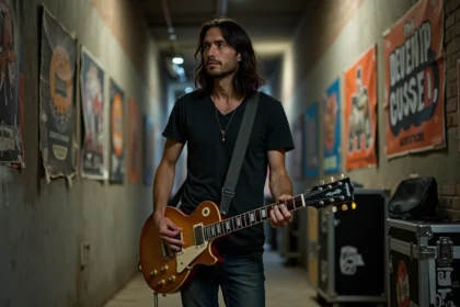 Guitariste aux longs cheveux noirs tenant une guitare électrique vintage en coulisses, ambiance underground des années 90