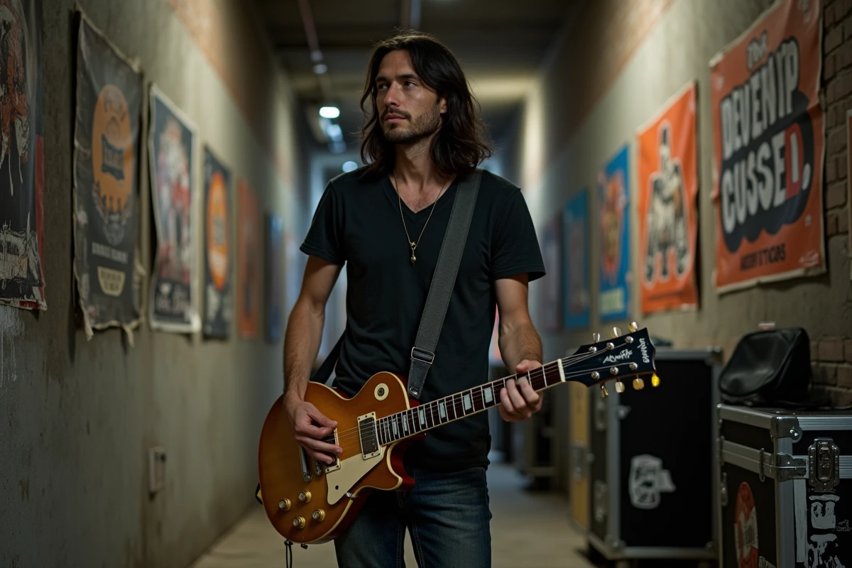 Guitariste aux longs cheveux noirs tenant une guitare électrique vintage en coulisses, ambiance underground des années 90