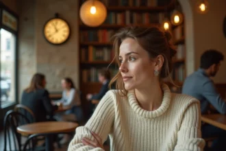 Femme contemplative dans un café regardant une horloge affichant 15h55, symbolisant l'heure miroir et ses significations spirituelles