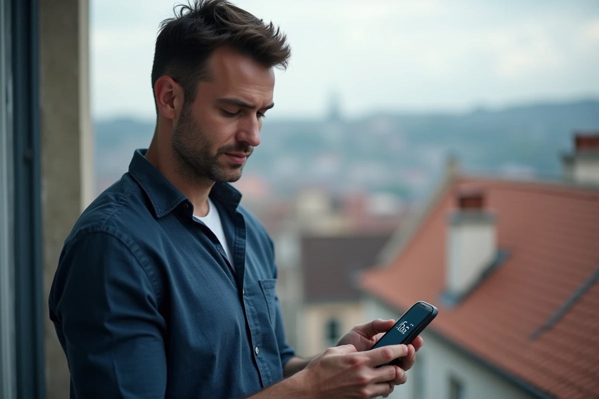 Homme sur un balcon urbain tenant un smartphone affichant 15h55, illustrant la synchronicité de l'heure miroir de l'univers