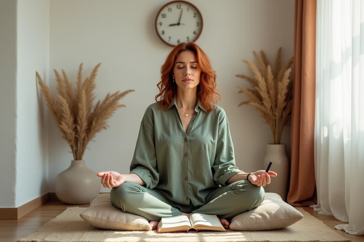 Femme en méditation dans un coin lecture avec horloge indiquant 15h55 au mur, représentant la symbolique spirituelle de l'heure miroir