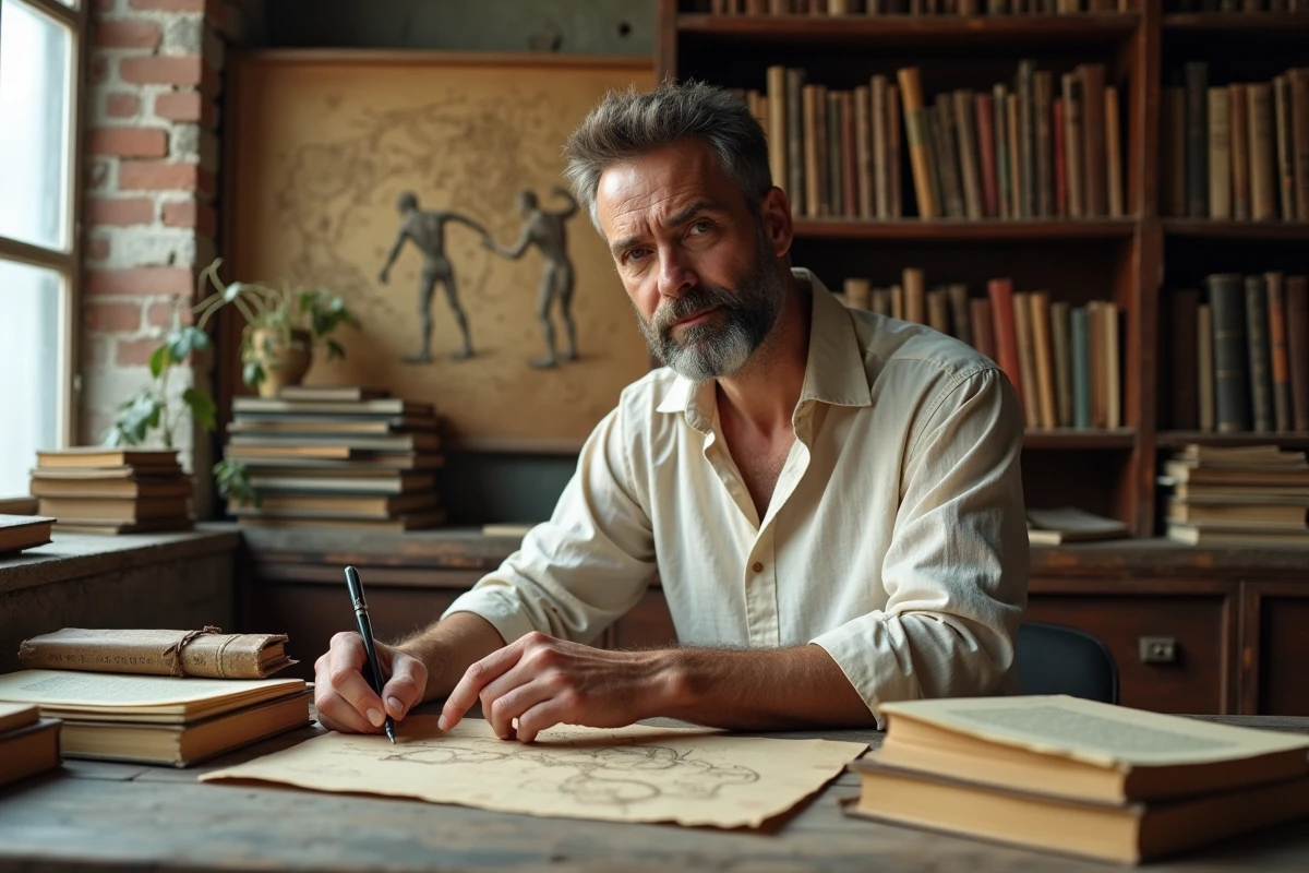 Historien analysant une chronologie des Titans Primordiaux avec des croquis et cartes anciennes sur son bureau d'étude