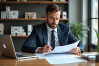 Homme d'affaires en costume examine des documents