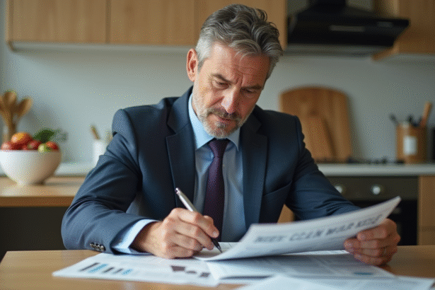 Homme d'affaires réfléchissant en étudiant des pages financières