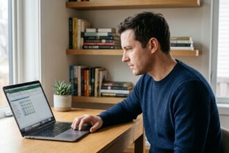 Homme en pull marine analysant un MacBook Pro sur un bureau en bois dans un bureau à domicile moderne