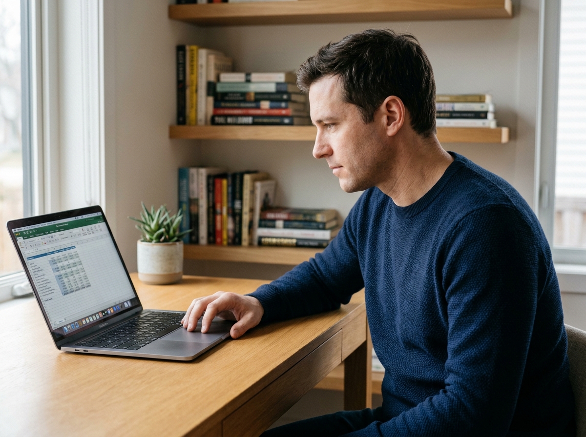 Homme en pull marine analysant un MacBook Pro sur un bureau en bois dans un bureau à domicile moderne