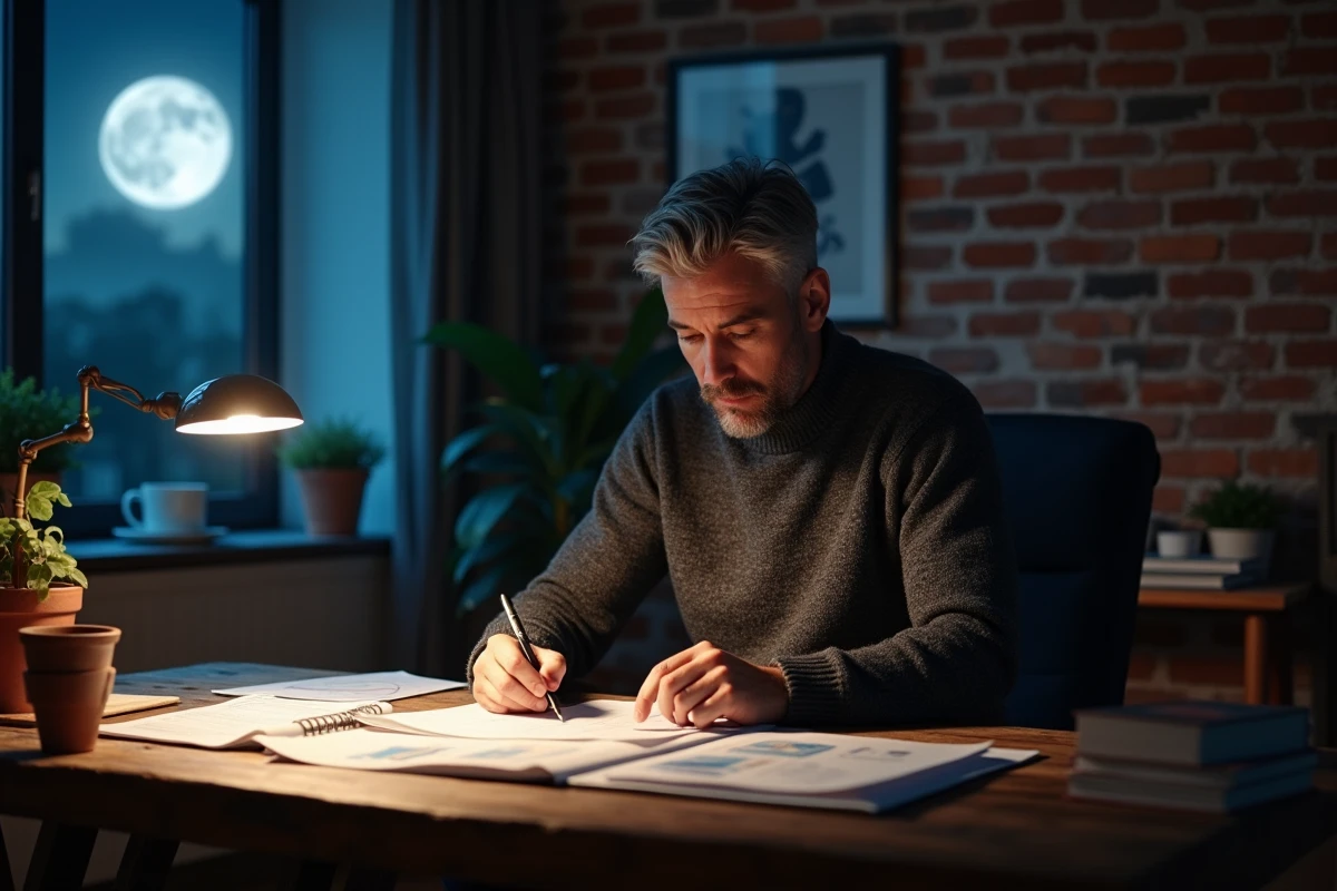 Homme analysant des opportunités professionnelles à son bureau à domicile sous la pleine lune de novembre, équilibre travail et intuition