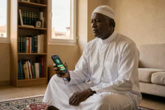 Homme consultant une application d'horaires de prière sur smartphone à Toulouse