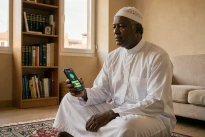 Homme consultant une application d'horaires de prière sur smartphone à Toulouse