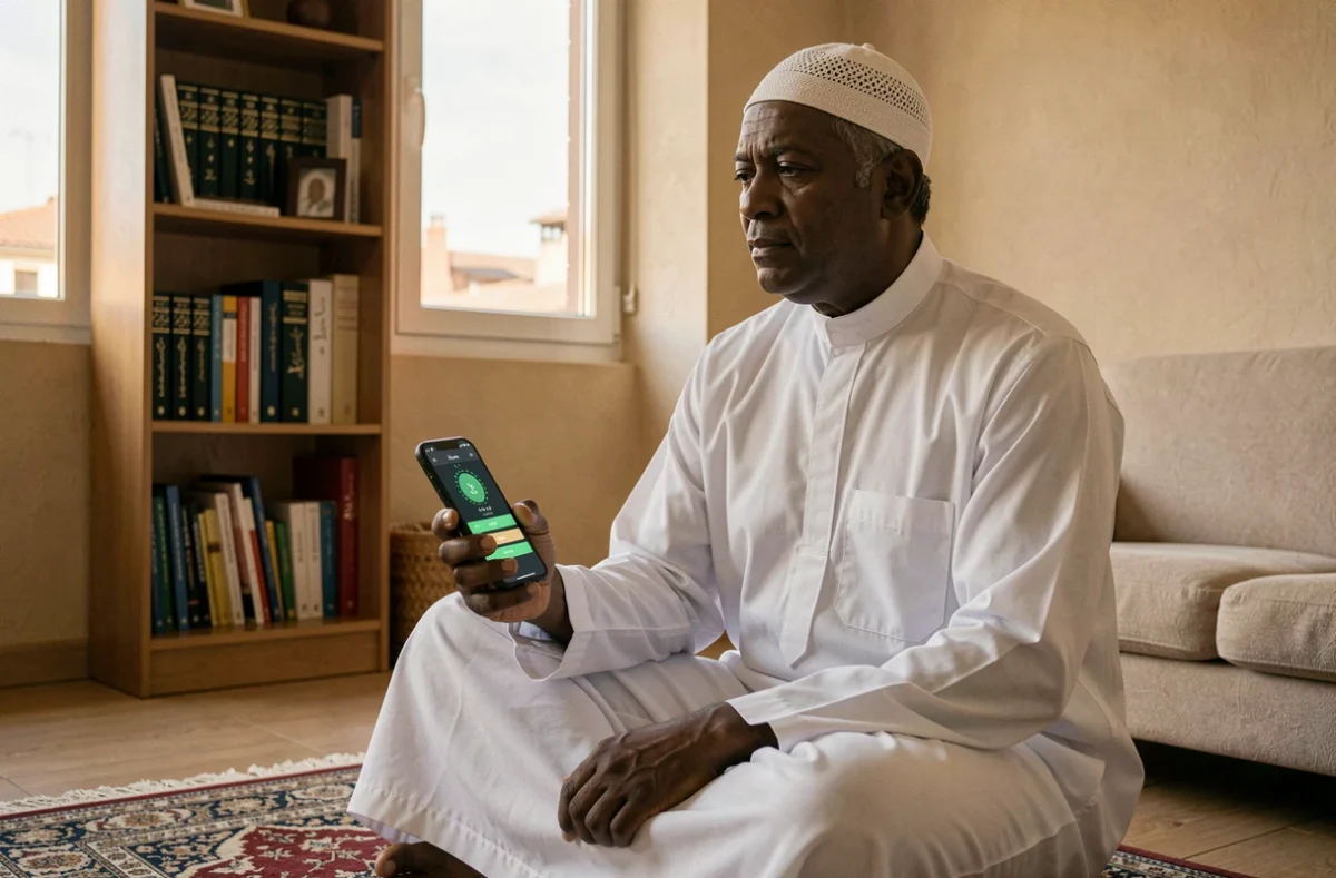 Homme consultant une application d'horaires de prière sur smartphone à Toulouse
