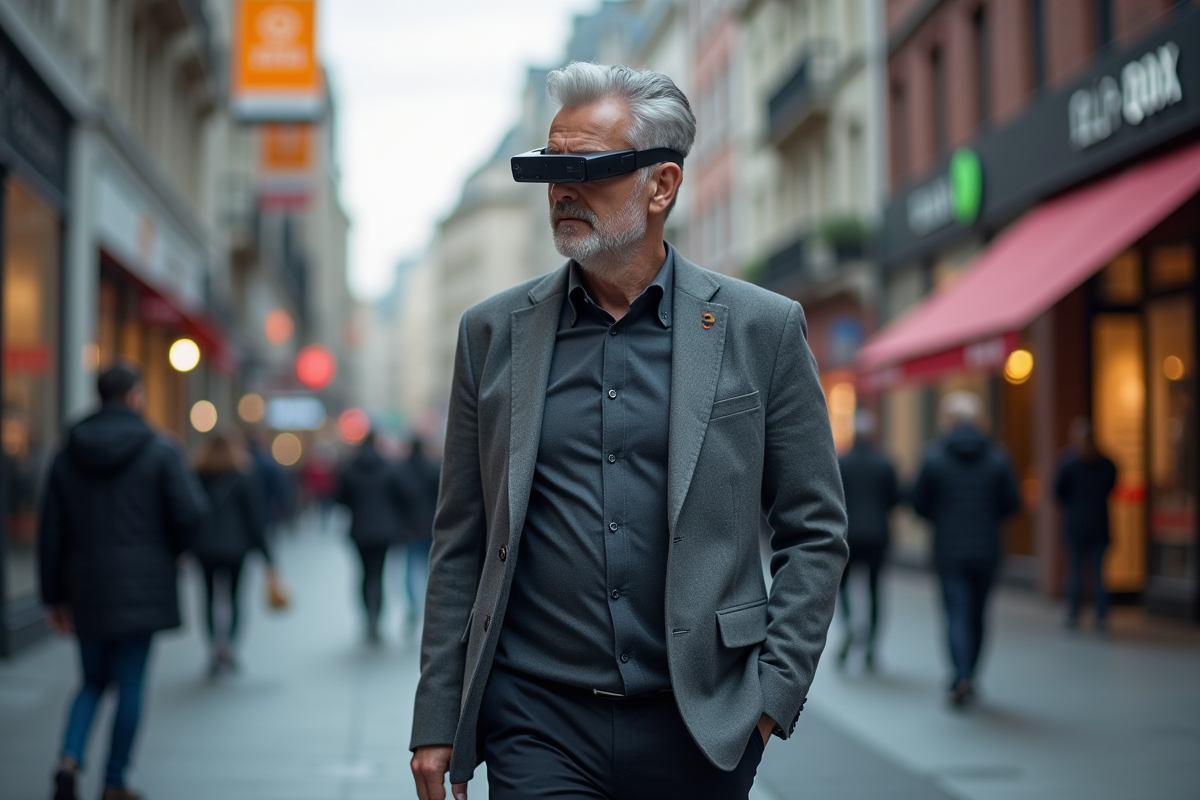 Homme avec lunettes AR dans une rue urbaine animée