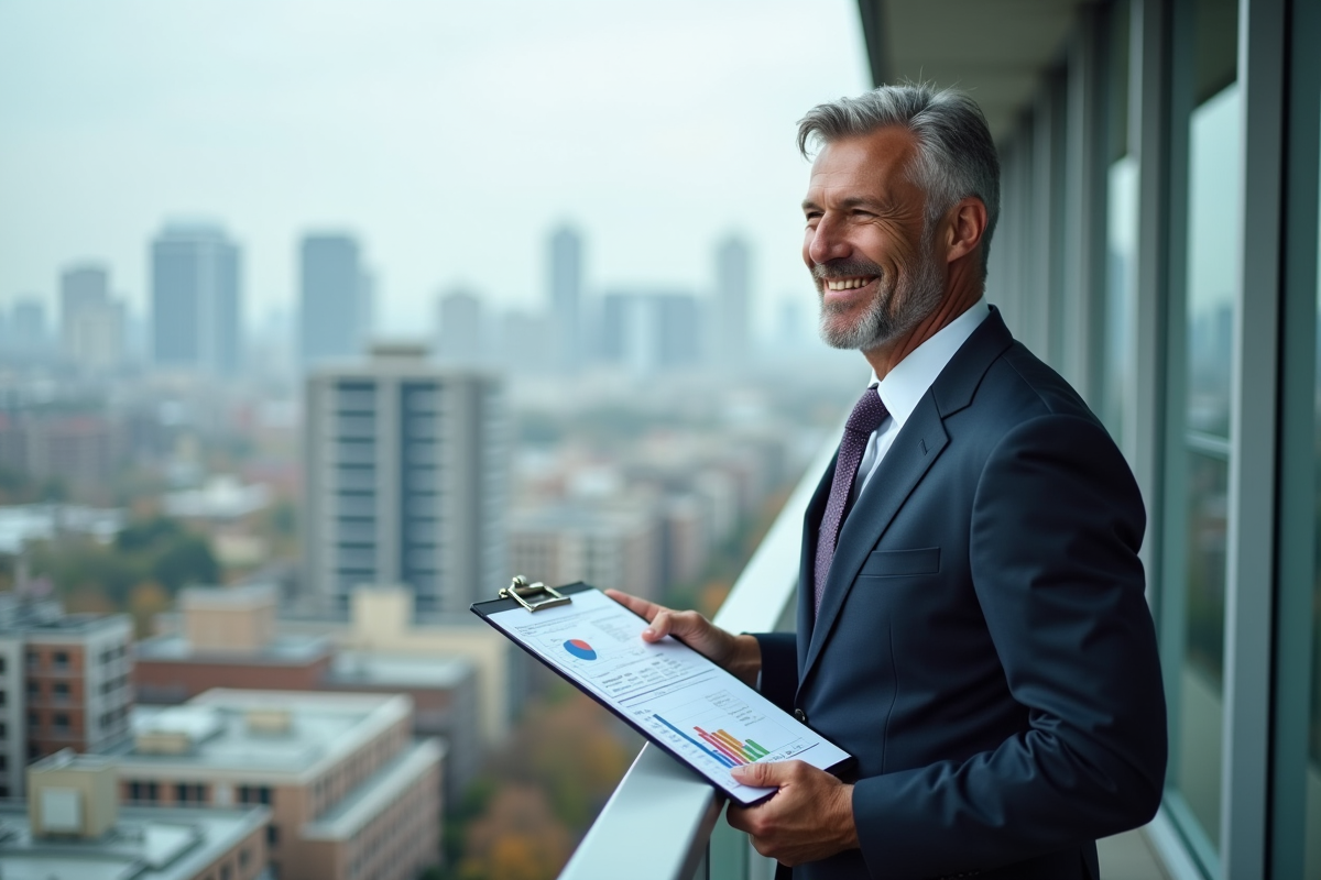 Homme d affaires regardant la ville depuis un balcon urbain