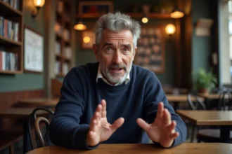 Homme d age moyen dans un café parisien en pleine discussion