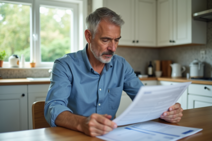Homme d'âge moyen examine un document d'impôts dans la cuisine