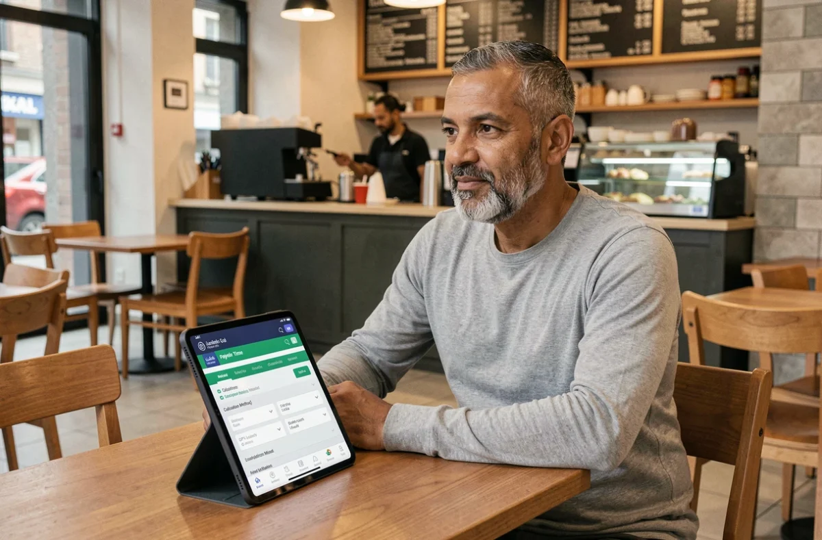 Homme d'âge mûr analysant les critères d'un site d'horaire de prière fiable sur une tablette dans un café