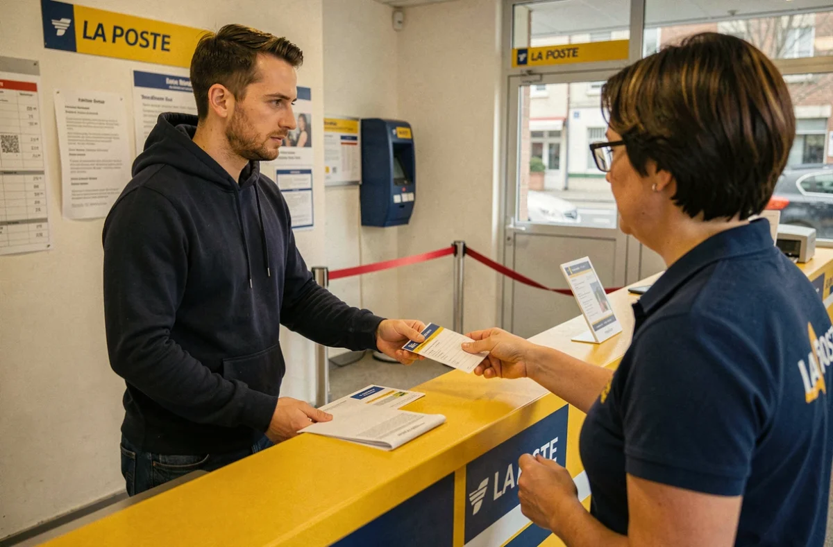 Homme déposant un formulaire de réexpédition de courrier au guichet d'un bureau de La Poste lors d'un déménagement