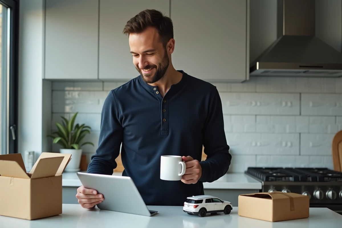 Homme consultant son espace membre Altaya sur une tablette tout en tenant un modèle réduit de collection dans sa cuisine