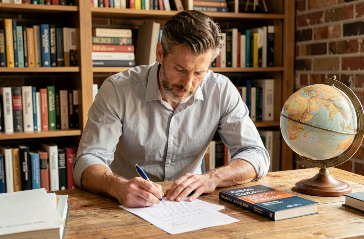 Homme consultant un guide de formules de politesse espagnoles dans un bureau à domicile avec des livres de langue