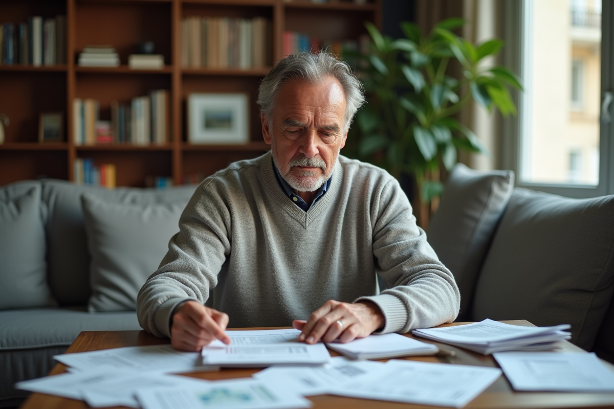 Homme français triant ses documents financiers