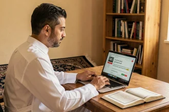 Homme consultant un horaire de prière en ligne sur son ordinateur portable dans un bureau à domicile