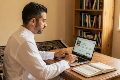 Homme consultant un horaire de prière en ligne sur son ordinateur portable dans un bureau à domicile