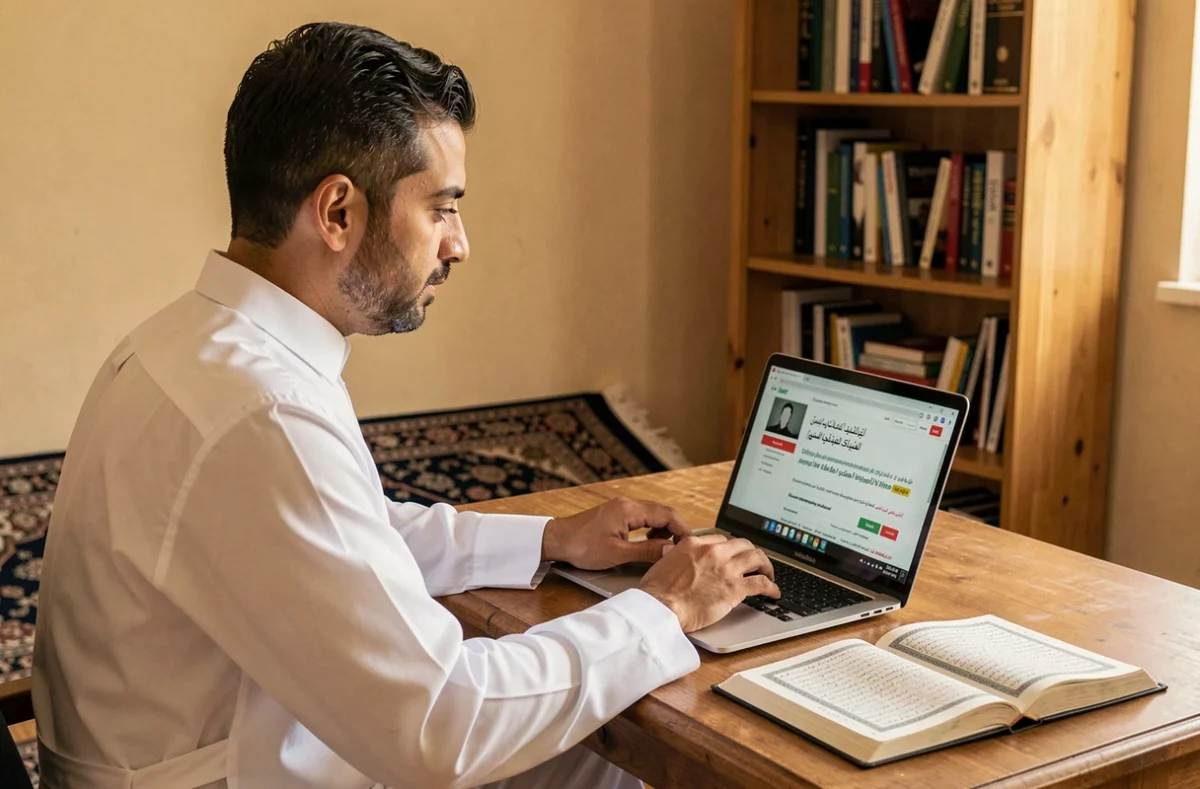Homme consultant un horaire de prière en ligne sur son ordinateur portable dans un bureau à domicile