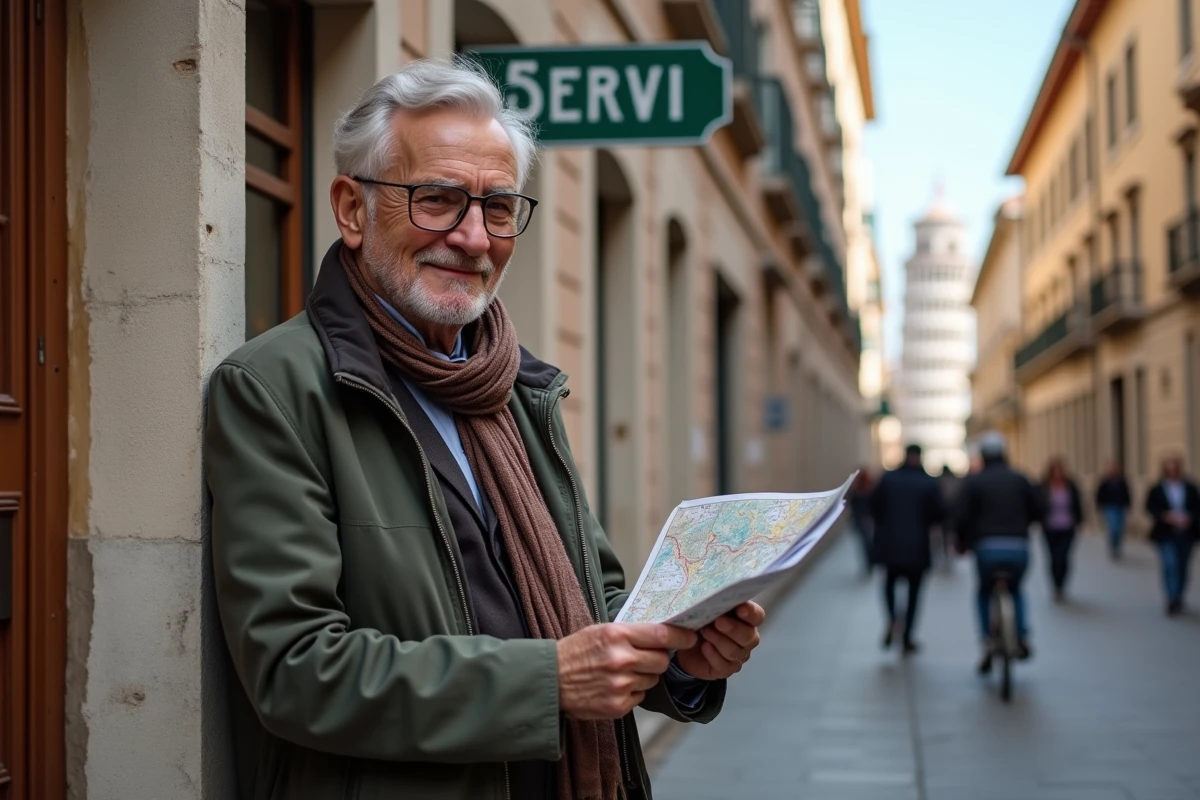 Homme âgé ajustant ses lunettes devant un panneau Pisa