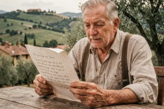 Vieil homme italien lisant les paroles de Bella Ciao sur un parchemin manuscrit dans la campagne toscane