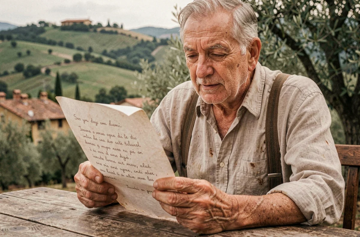 Vieil homme italien lisant les paroles de Bella Ciao sur un parchemin manuscrit dans la campagne toscane
