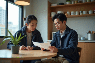 Homme japonais examine ses reçus dans un appartement tokyoïte