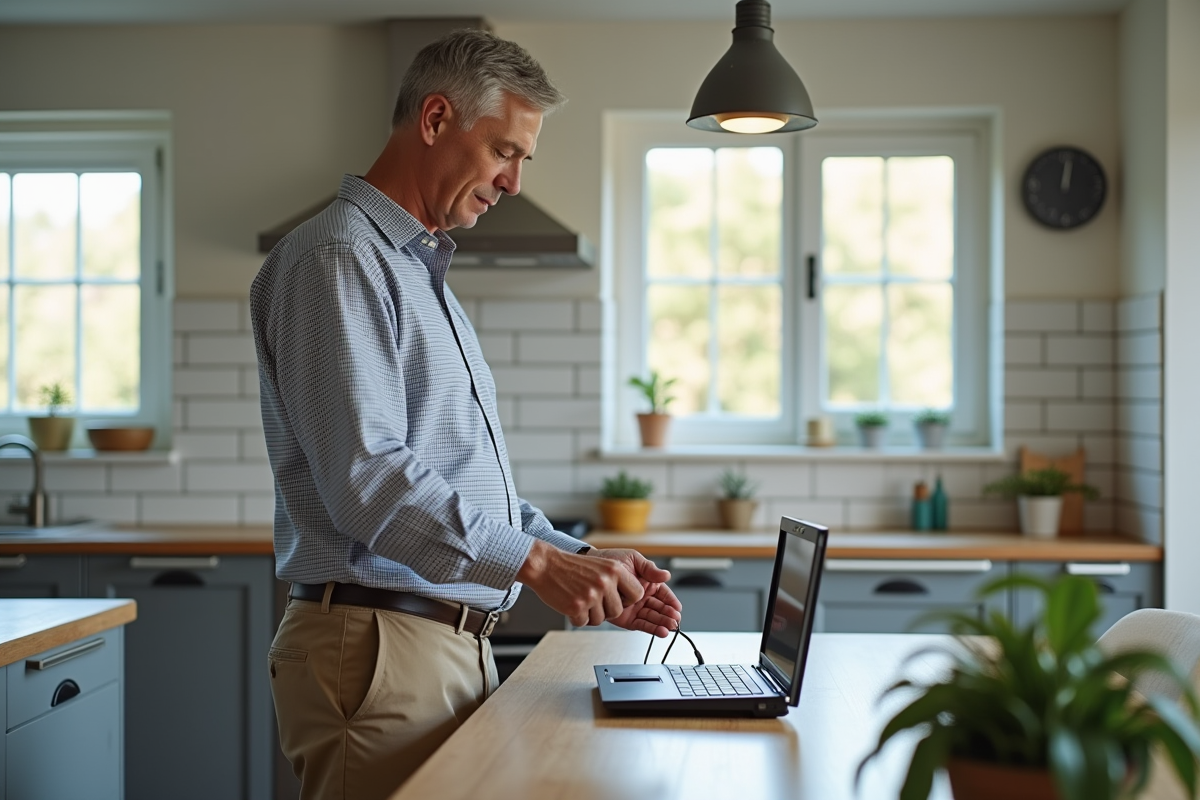 Homme vérifiant un routeur wifi dans une cuisine moderne