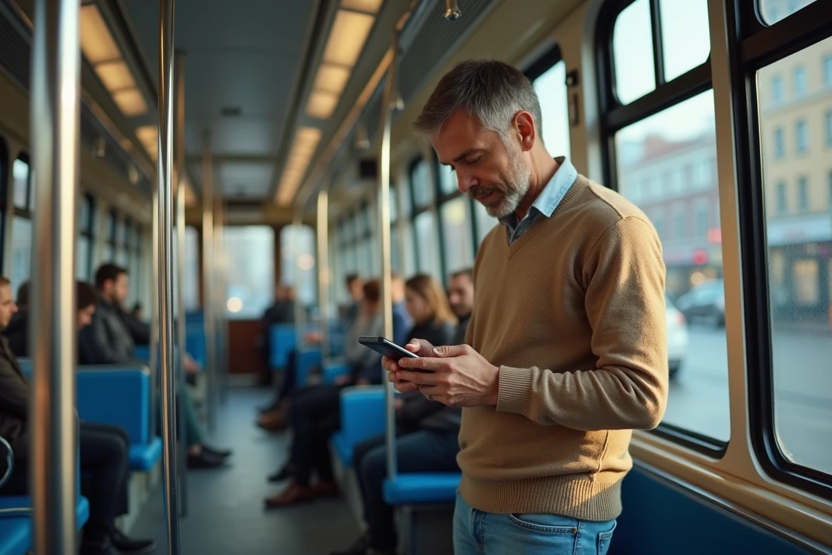 Homme lisant sur son téléphone dans un tram urbain