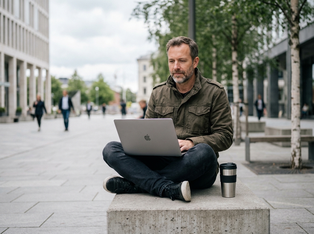 Homme en veste utilitaire utilisant un MacBook Pro en extérieur sur un banc urbain minimaliste