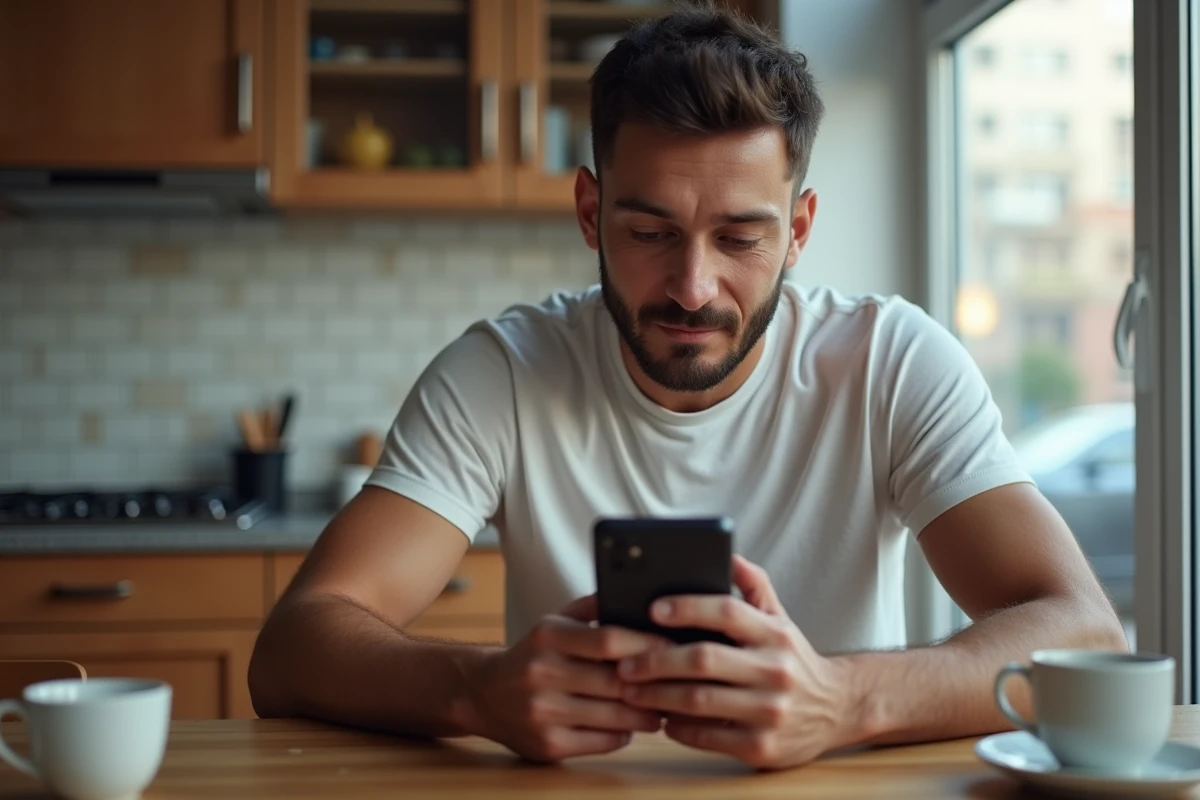 Homme consultant les alternatives Canal+ pas cher sur smartphone à table dans une cuisine urbaine
