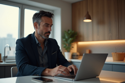 Homme pensif avec wallet et ordinateur dans la cuisine