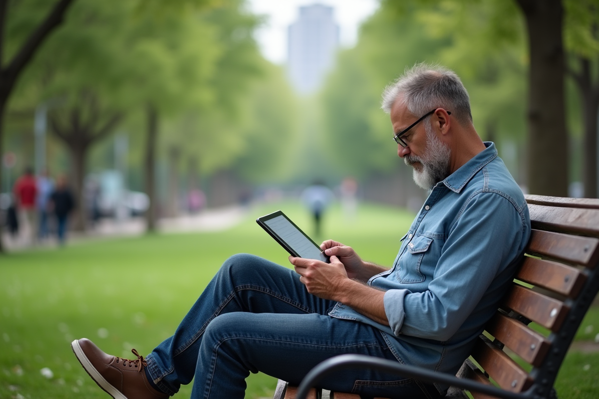 Homme assis dans un parc avec une tablette en main