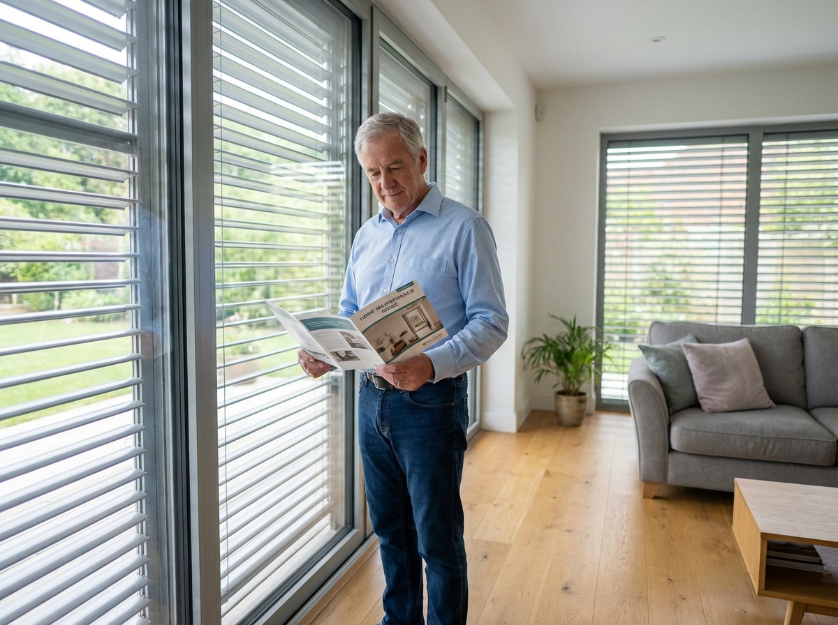Homme retraité lisant une brochure près de la fenêtre
