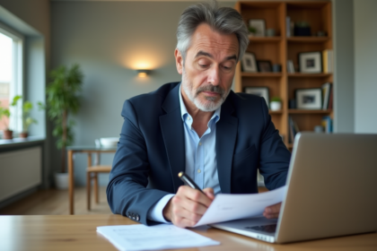 Homme d'âge moyen en costume bleu vérifiant ses finances à la maison