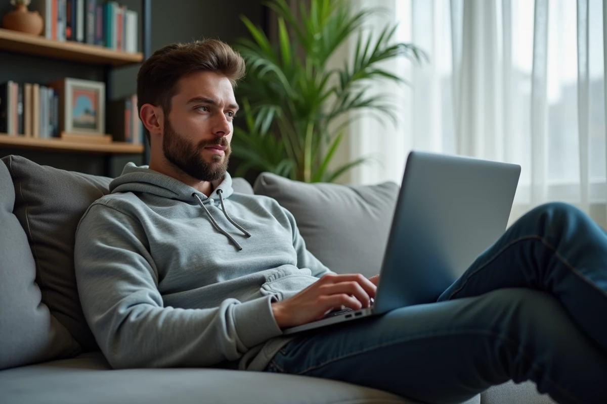 Homme naviguant sur un site de rencontre en ligne depuis son canapé à la maison