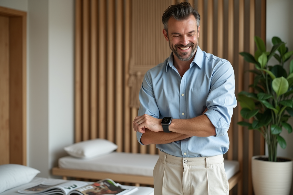 Homme testant une montre connectée dans un spa calme