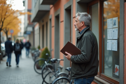Homme d'âge moyen regardant des annonces immobilières dans la rue
