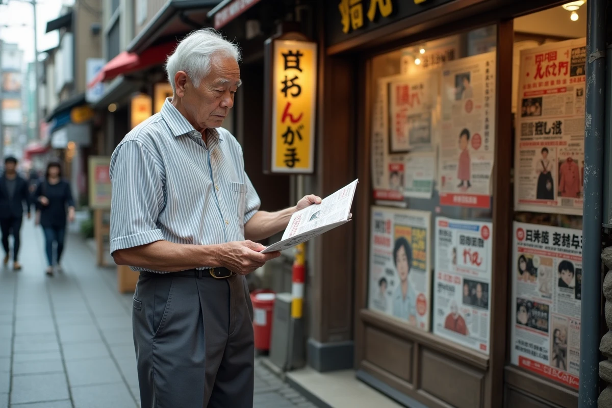 Homme japonais examinant une page de manga devant une boutique
