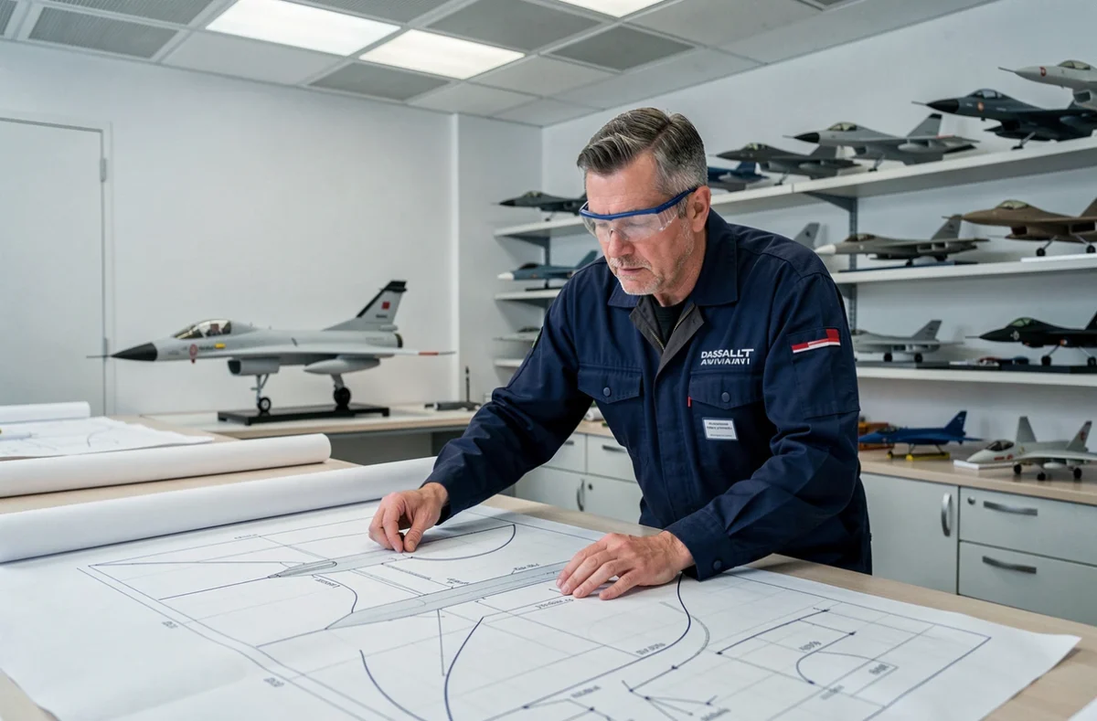 Ingénieur aéronautique Dassault étudiant les plans techniques de l'évolution du Mirage dans un bureau de conception moderne
